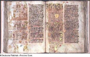 Illustration und Textseite über das Landrecht, Fol. 47v, Fol. 48r