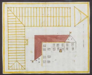 o. T. [Bauplan zur Reparatur des Schlosses mit Ansicht, Riss der Holzkonstruktion und Querschnitt des Dachstuhls]