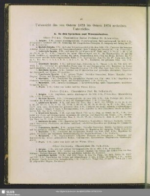 Uebersicht des von Ostern 1873 bis Ostern 1874 ertheilten Unterrichts
