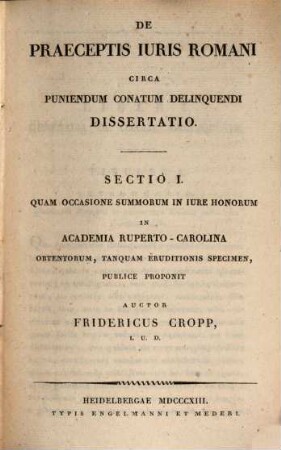 Friderici Cropp Commentatio de praeceptis iuris Romani circa puniendum conatum delinquendi. 1