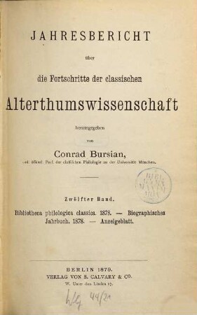 Bibliotheca philologica classica. 5. 1878 = 12