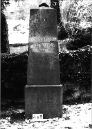 Grabstein 486 (Index: 100092278) Material: Granit Zustand: gut, Stele gebrochen Maße HxBxT: 190x60x32 cm Beschreibung: aufgesockelte obeliskenartige Stele: Grabstein 486