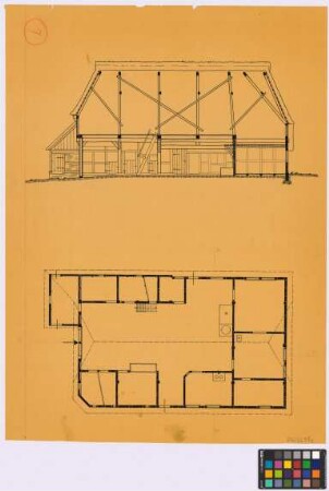 Harsefeld (Landkreis Stade): Räucherkate. Haupthaus (Längsschnitt, Querschnitt, Grundriss, zwei Giebel-Ansichten)