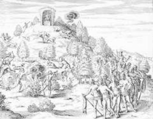 Wie die Indianer ihr Wild jagen - Buchseite aus de Bry, Amerika/II