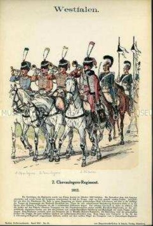 Uniformdarstellung, Trompeter des 1. und 2. Chevauleger-Regiments und Trompeter des 2. Husaren-Regiments, Königreich Westphalen, 1812.