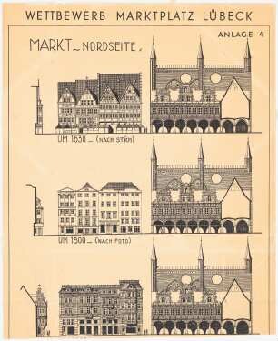 Markt, Lübeck: Aufriss der nördlichen Vorderseite und Umriss des Querschnitts durch die Geschichte 1:200; der untere Teil - 1942 - fehlt, (vergl. dazu Inv.Nr. 43617)