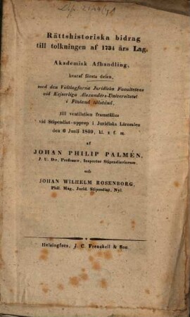 Rättshistoriska bidrag till tolkningen af 1734 års lag, 1