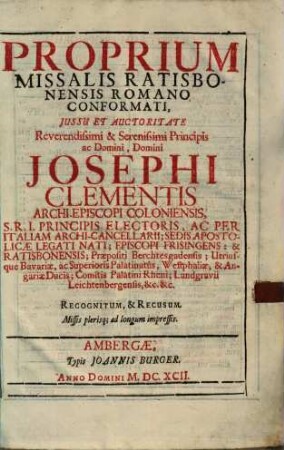Proprium Missalis Ratisbonensis Romano Conformati