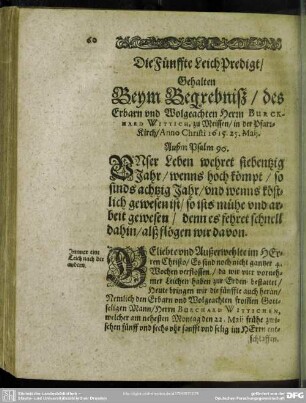 Die Fünffte LeichPredigt, Gehalten Beym Begrebniß, des Erbarn Und Wolgeachten Herrn Burckhard Wittich, zu Meissen, in der PfarrKirch, Anno Christi 1615. 25. Maij