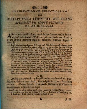 Observationvm Eclecticarvm De Metaphysica Leibnitio-Wolffiana Specimen VII. Idqve Vltimvm De Origine Mali