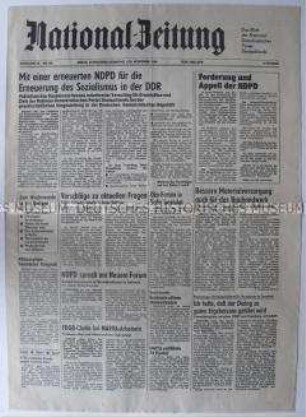 Tageszeitung der NDPD "National-Zeitung" u.a. mit dem Bekenntnis der NDPD zu einem "erneuerten Sozialismus"