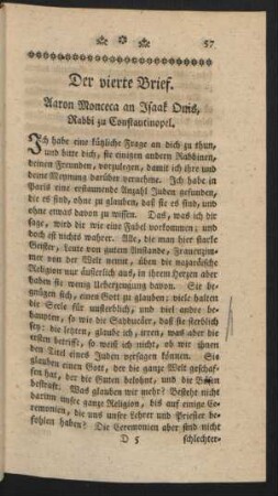 Der vierte Brief. Aaron Monceca an Isaak Onis, Rabbi zu Constantinopel