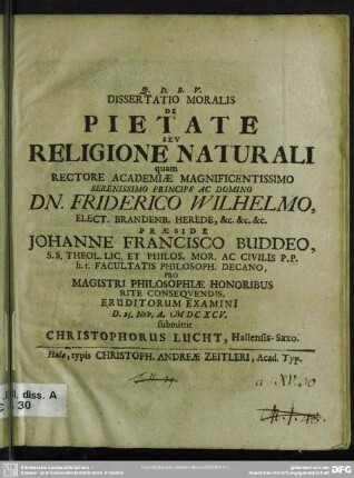 Dissertatio Moralis De Pietate Sev Religione Naturali