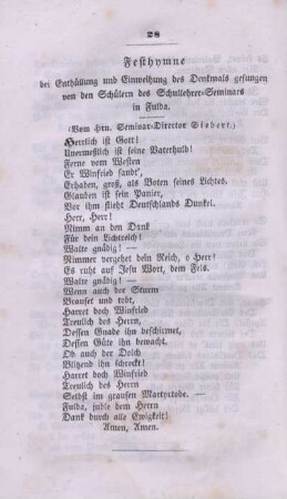 Festhymne bei Enthüllung und Einweihung des Denkmals gesungen von den Schülern des Schullehrer-Seminars in Fulda.