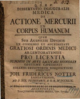 Dissertatio Inauguralis Medica De Actione Mercurii In Corpus Humanum