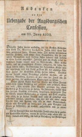 Andenken an die Uebergabe der Augsburgischen Confession, am 25. Juny 1530.