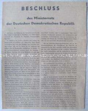 Sonderdruck mit dem Wortlaut des Beschlusses des Ministerrates der DDR zu den Maßnahmen vom 13. August 1961 ("Mauerbau")