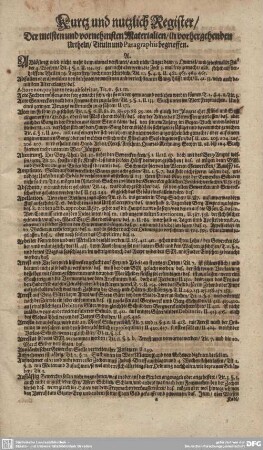 Kurtz und nutzlich Register/ Der meisten vornehmsten Materialien/ in vorhergehenden Urtheln/ Tituln und Paragraphis begrieffen.