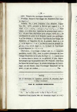 Note sur la discussion de l´équation générale du deuxiéme degré á deux inconnues.