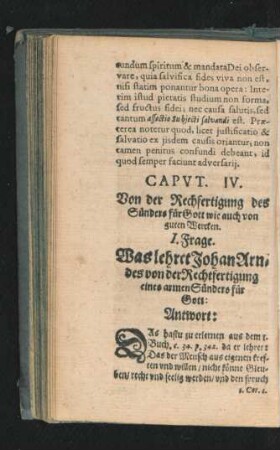 I. Frage. Was lehret Johan Arndes von der Rechtfertigung eines armen Sünders für Gott.