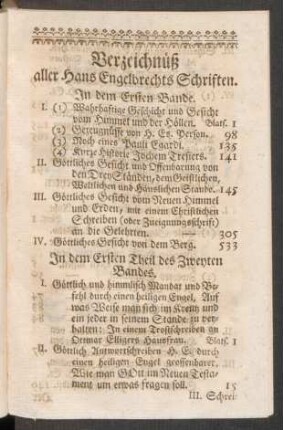 Verzeichnüß aller Hans Engelbrechts Schriften.