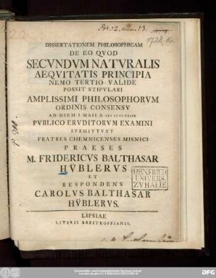 Dissertationem Philosophicam De Eo Qvod Secvndvm Natvralis Aeqvitatis Principia Nemo Tertio Valide Possit Stipvlari