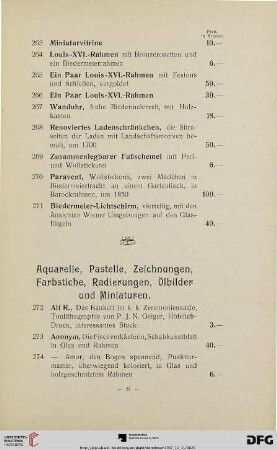 Aquarelle, Pastelle, Zeichnungen, Farbstiche, Radierungen, Ölbilder und Miniaturen (Nr. 272-353)
