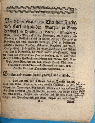 Hoch-Fürstlich Brandenburg- Onolz- und Culmbachische Kriegs-Articul : De Anno MDCCLXXVIII.