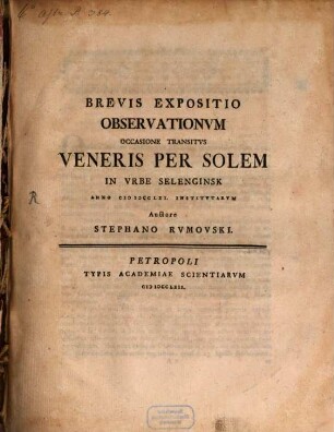 Brevis expositio observationum occasione Transitus Veneris per solem ... 1761