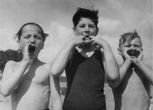 Drei Jungen pfeifend und rufend am Badesee