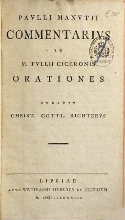 Pavlli Manvtii Commentarivs In M. Tvllii Ciceronis Orationes