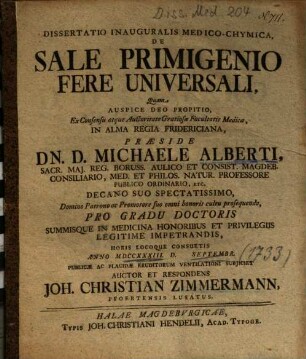 Dissertatio Inauguralis Medico-Chymica, De Sale Primigenio Fere Universali