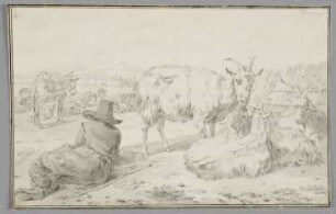 Ruhender Hirt mit Ziegen, Schafen und Esel in italienischer Landschaft