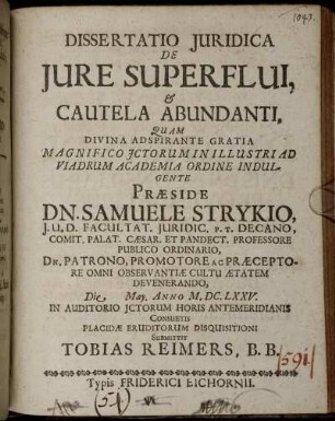 Dissertatio Iuridica De Iure Superflui, & Cautela Abundanti