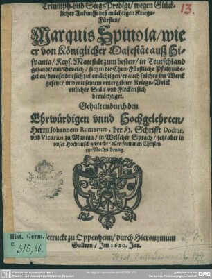 Triumph- und Siegs-Predigt wegen glücklicher Ankunfft Marquis Spinola ...