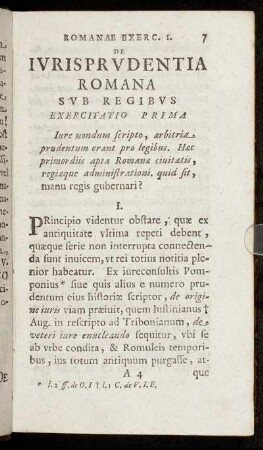 De Iurisprudentia Romana Sub Regibus Exercitatio Prima.