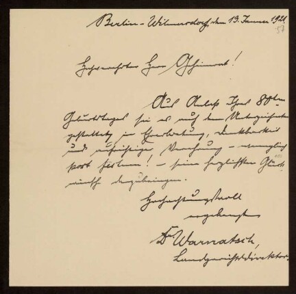 57: Brief vom Landgerichtsdirektor Dr. Warnatsch an Otto von Gierke, Berlin-Wilmersdorf, 19.1.1921