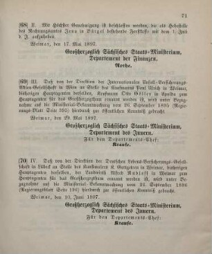 70. Ministerial-Bekanntmachung, betreffend Wechsel in der Hauptagentur der Deutschen Lebens-Versicherungs-Gesellschaft in Lübeck