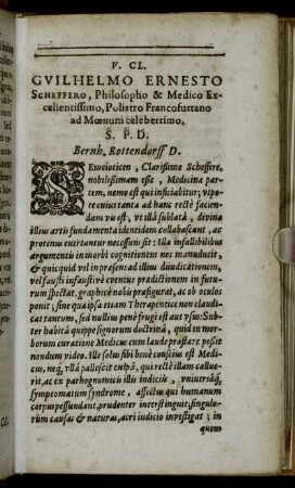 V. CL. Guilhelmo Ernesto Scheffero, Philosopho & Medico Exellentissimo, Poliatto Francofurtano ad Mœnum celebertimo.