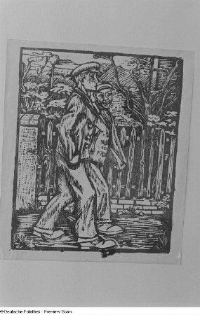 Ein Holzschnitt von zwei Männern bei einem Spaziergang in der Laienkunst-Ausstellung im Grassimuseum