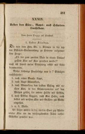 XXXIX. Ueber Klee- Raps- und Schotenfruchtbau