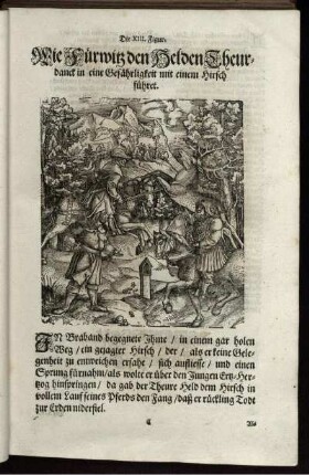 Die XIII. Figur. Wie Fürwitz den Helden Theurdanck in eine Gefährligkeit mit einem Hirsch führet