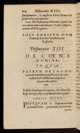 1114-1191, Disputatio XIII: De coena domini: in qua patrum orthodoxorum...