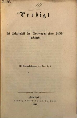 Predigt bei Gelegenheit der Beerdigung eines Selbstmörders : Mit Zugrundelegung von den 9, 5