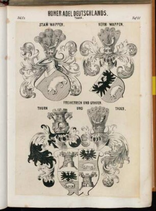 Taf: 41. Taxis. Stam: Wappen. - Verm: Wappen. Freiherren und Grafen. Thurn und Taxis.