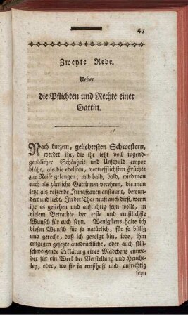 Zweyte Rede. Ueber die Pflichten und Rechte einer Gattin.