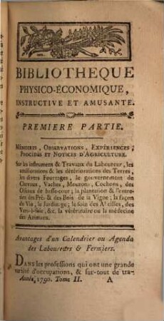 Bibliothèque physico-économique : instructive et amusante. 1790,2 = A. 9