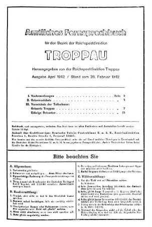 Amtliches Fernsprechbuch für den Bezirk der Reichspostdirektion Troppau