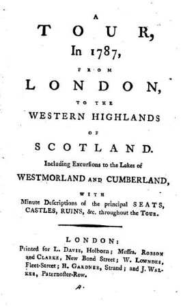A Tour in 1787 from London, to the Western Highlands of Scotland