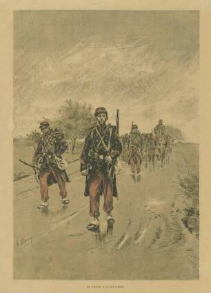 Vorhut dreier Soldaten in Uniform marschierend vor einem Fussregiment in Begleitung eines Offiziers zu Pferd